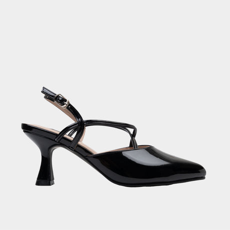 Black metallic pointed-toe kitten heel with crisscross ankle straps