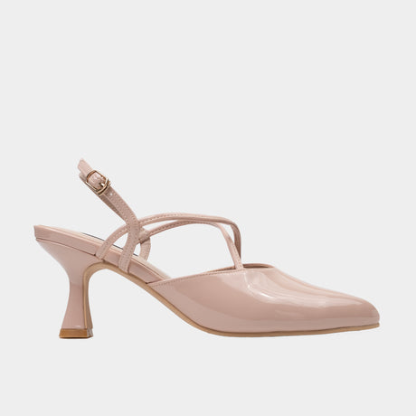 Nude patent pointed-toe kitten heel with crisscross ankle straps
