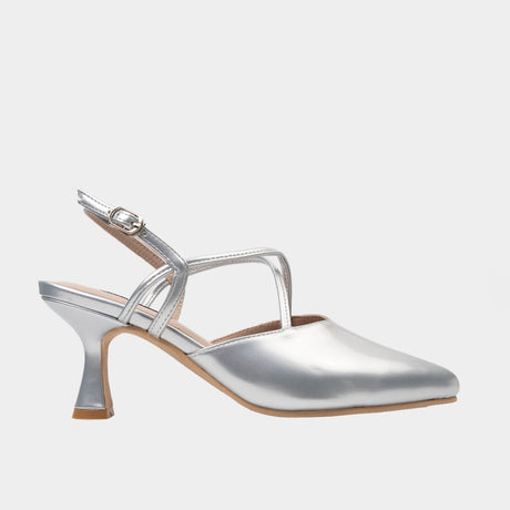 Silver metallic pointed-toe kitten heel with crisscross ankle straps