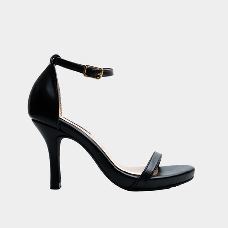 Black stiletto heel sandal with thin ankle strap