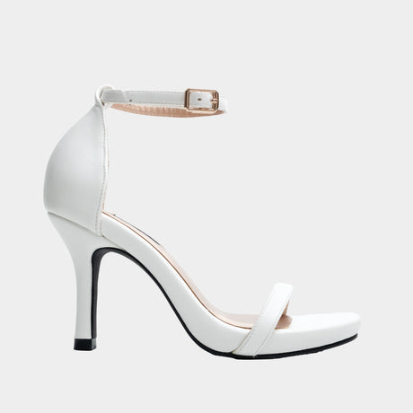 White stiletto heel sandal with thin ankle strap
