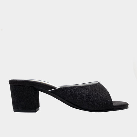 Black glitter round-toe mule with 2-inch block heel