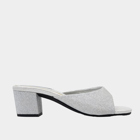 Silver glitter round-toe mule with 2-inch block heel
