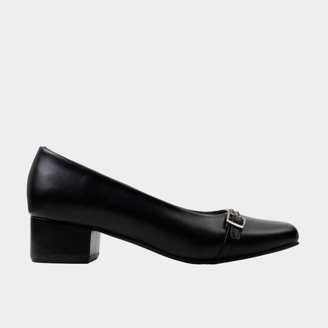Women’s black formal office block heel shoes with buckle detail