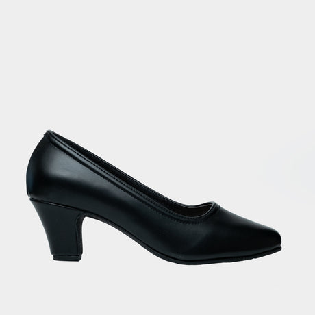 Black faux leather round-toe pump with 2-inch cone heel.