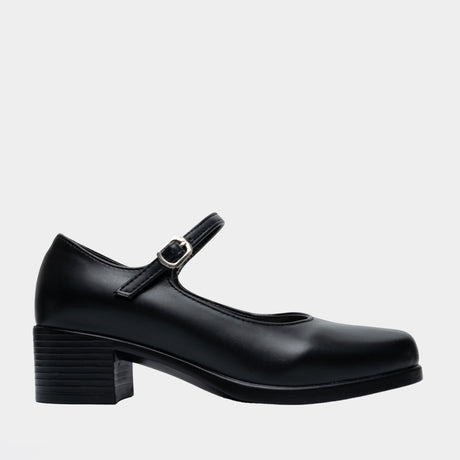 Black round-toe Mary Jane heel with single buckle strap