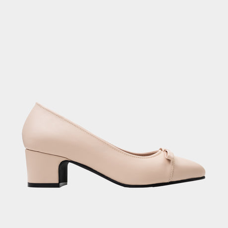 Beige pointed-toe pump with bow detail and 2-inch block heel