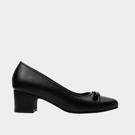 Black pointed-toe pump with bow detail and 2-inch block heel