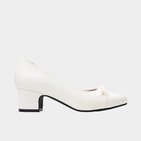 White pointed-toe pump with bow detail and 2-inch block heel