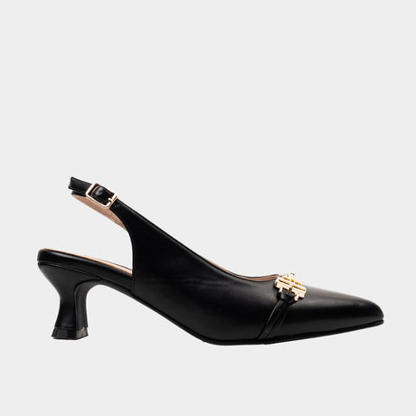 Women’s black slingback block heel shoes with gold buckle
