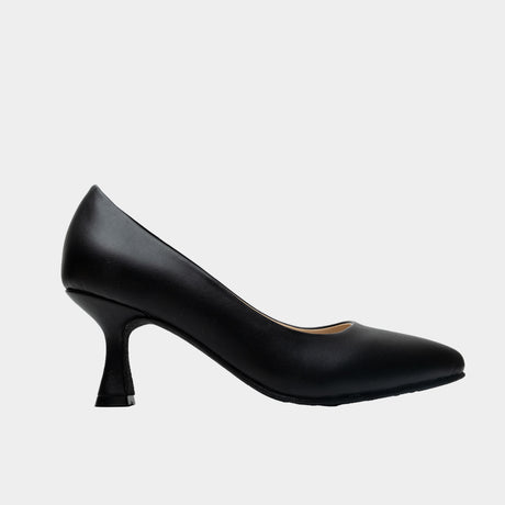 Black leather pointed-toe pump with 2.5 inch flared spool heel and low-cut vamp.