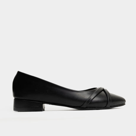 Black leather pointed-toe flat with crisscross knot strap detail
