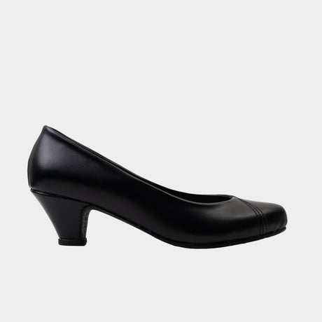 Black faux leather round-toe kitten heel pump with double-stitch toe detail.