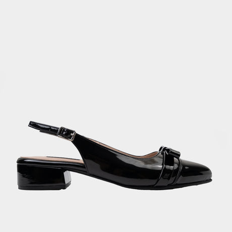 Black patent leather slingback flat shoe with bow detail and pointed toe
