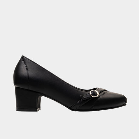 Black pointed-toe pumps with strap and buckle detail