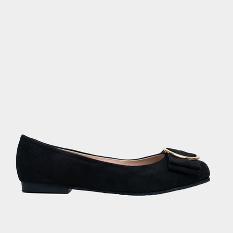 Black suede round-toe ballet flat with gold ring buckle and bow detail.