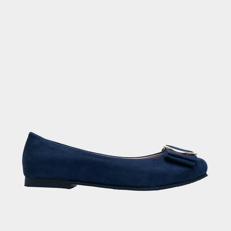 Blue suede round-toe ballet flat with gold ring buckle and bow detail.
