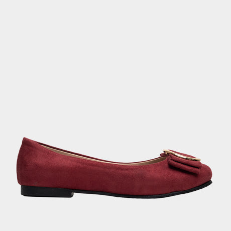 Maroon suede round-toe ballet flat with gold ring buckle and bow detail.
