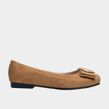 Tan suede round-toe ballet flat with gold ring buckle and bow detail.

