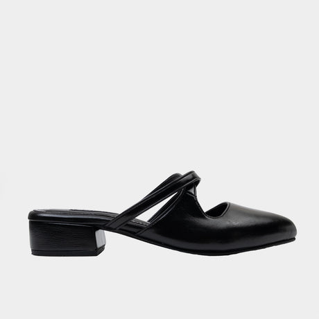 Black patent leather pointed-toe mule with crisscross strap detail
