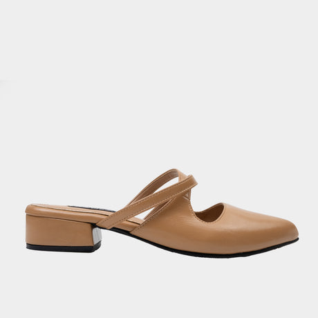 Camel patent leather pointed-toe mule with crisscross strap detail
