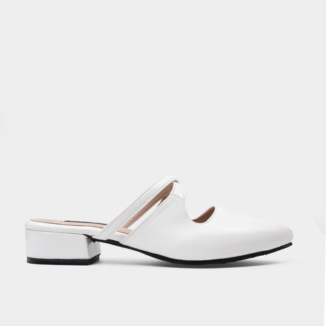 White patent leather pointed-toe mule with crisscross strap detail
