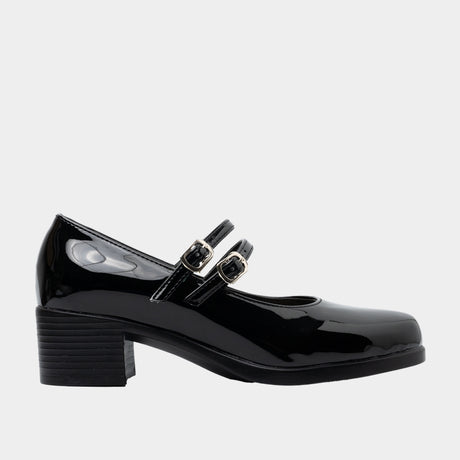 Black patent leather double-strap Mary Jane block heel with silver buckles