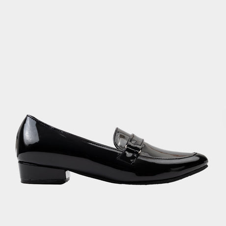 Black patent leather pointed-toe penny loafer flat with buckle strap and 1-inch block heels