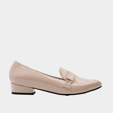 Nude patent leather pointed-toe penny loafer flat with buckle strap and 1-inch block heels