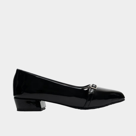Black patent leather pointed-toe flat with buckle detail