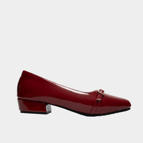 Maroon patent leather pointed-toe flat with buckle detail