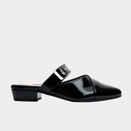 Patent black pointed-toe flat mule with silver buckle ankle strap
