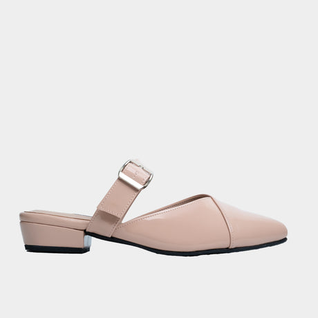Patent nude pointed-toe flat mule with silver buckle ankle strap
