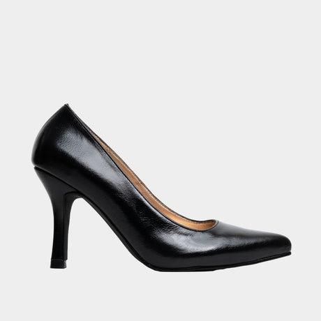 Black leather pointed-toe stiletto pump with slim 3-inch high heel.