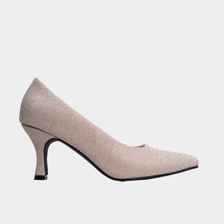 Beige shimmer pointed-toe pump with fine ribbed glitter texture and 2.5-inch flared spool heel.
