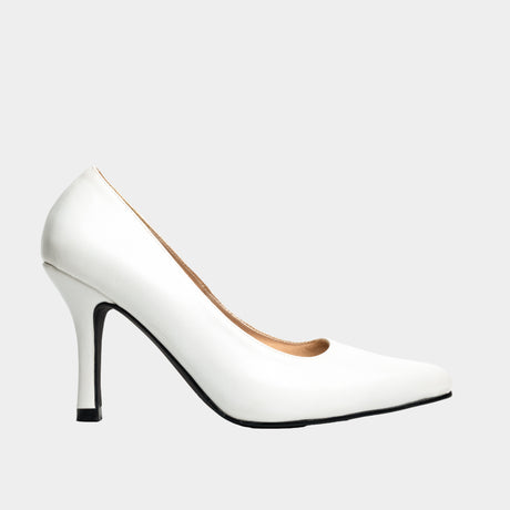 White leather pointed-toe stiletto pump with slim 3-inch high heel.

