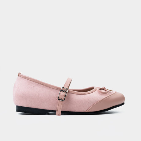 Pink suede Mary Jane ballet flat with buckle strap, bow detail, and smooth leather toe cap.