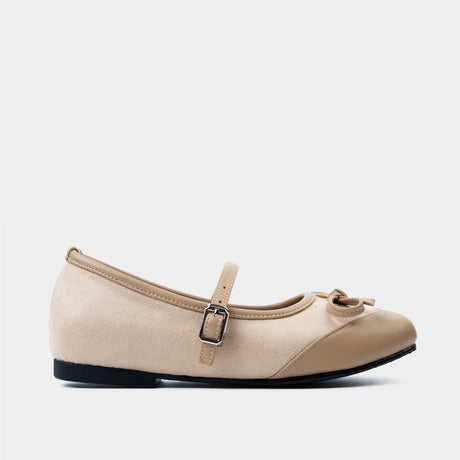 Beige suede Mary Jane ballet flat with buckle strap, bow detail, and smooth leather toe cap.