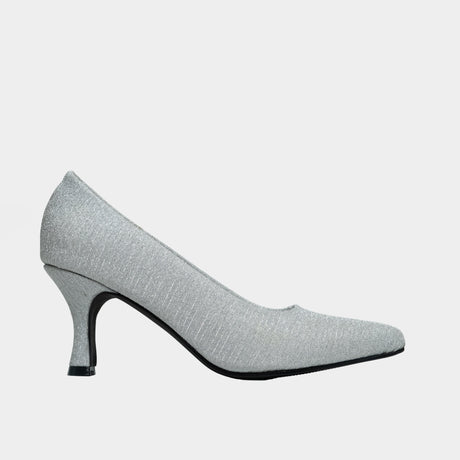 Silver shimmer pointed-toe pump with fine ribbed glitter texture and 2.5-inch flared spool heel.
