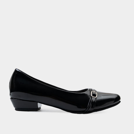 Black patent leather pointed-toe pump with layered buckle strap detail and low 1-inch block heel.