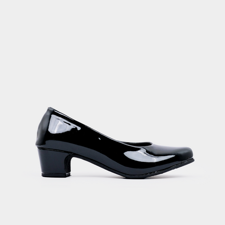 Black patent leather round-toe pump with low 1.5-inch flared block heel.