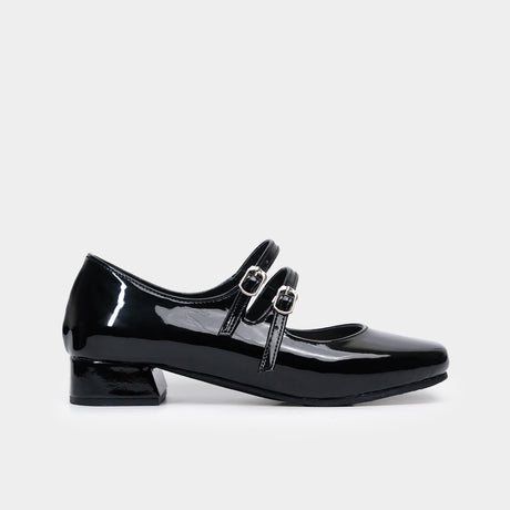 Black patent leather double-strap Mary Jane shoe with two buckles, square toe, and low 2.5-inch block heel.