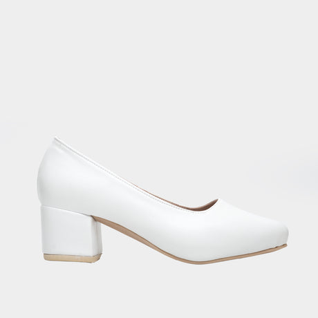 White faux leather pointed-toe pump with low 1.5-inch block heel