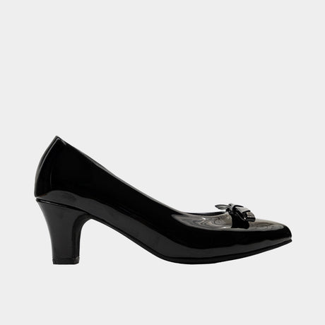 Black patent leather pointed-toe pump with rosette bow detail and 2.5-inch kitten heel