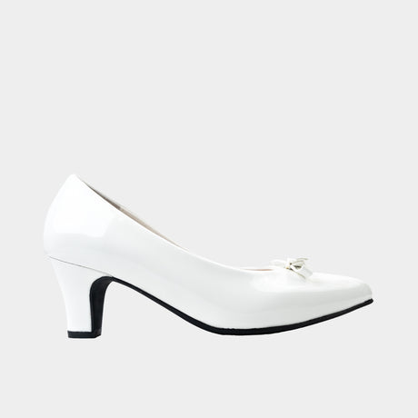 White patent leather pointed-toe pump with rosette bow detail and 2.5-inch kitten heel