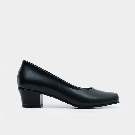 Black faux leather square-toe pump with mid-height 1.5-inch block heel