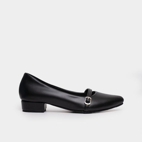 Black leather pointed-toe Mary Jane pump with thin buckle strap and low 1-inch block heel.