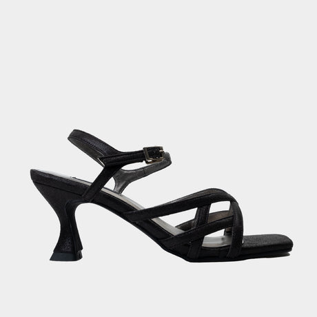 Black metallic strappy sandal with crisscross toe straps and 2.5-inch flared spool heel
