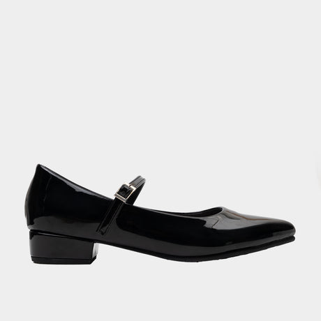 Black patent leather pointed-toe Mary Jane with 1-inch block heel
