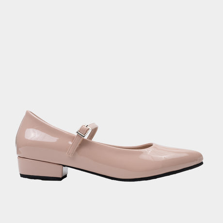 Nude patent leather pointed-toe Mary Jane with 1-inch block heel
